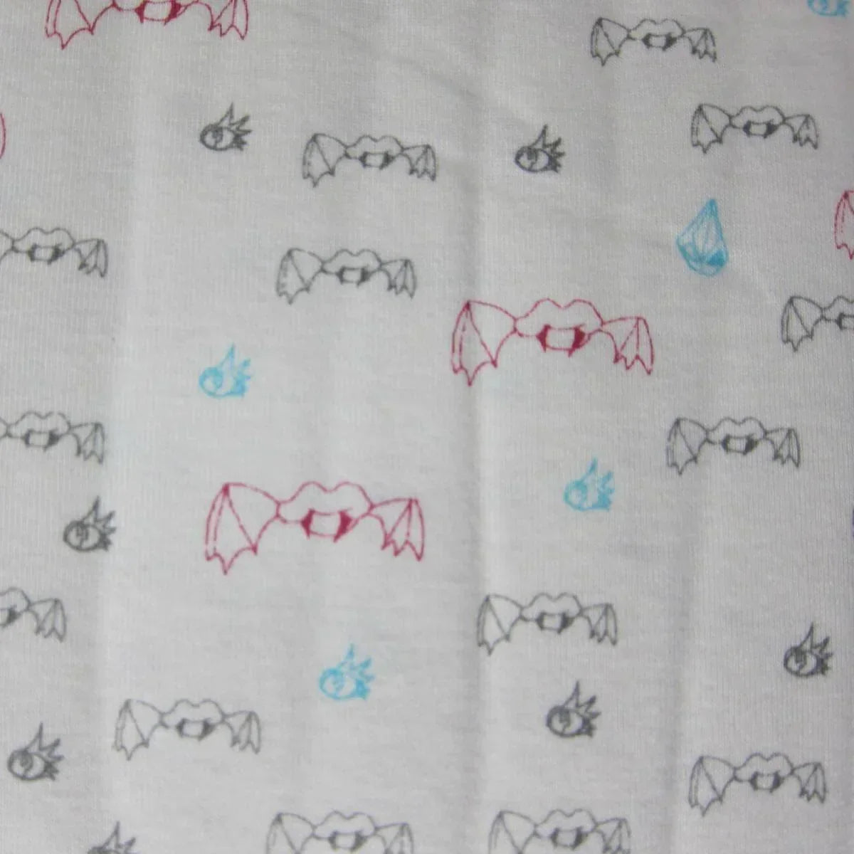 Nature's Fabrics white organic cotton fabric with red, blue, and grey bat illustrations
