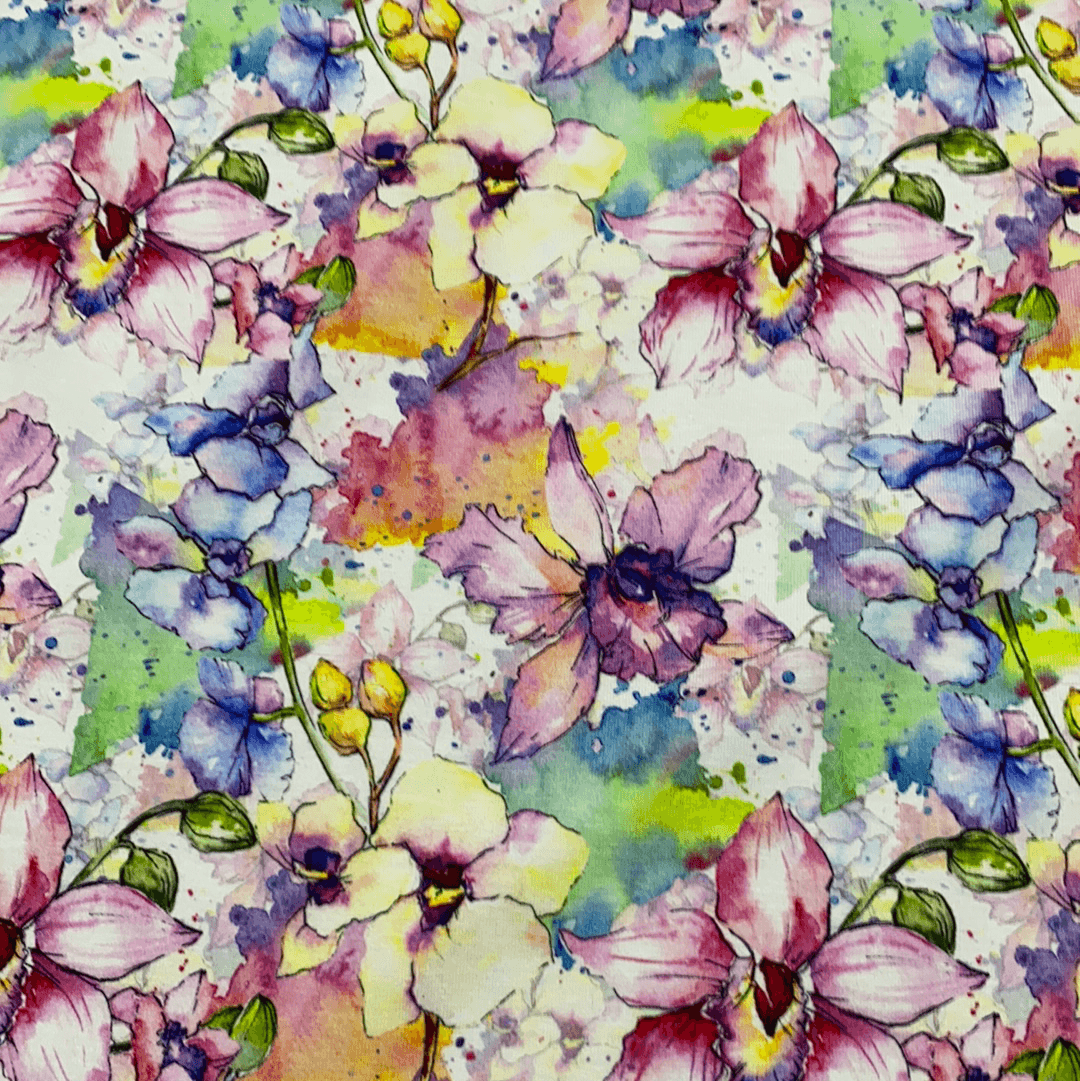 Wild Orchids on Bamboo/Spandex Jersey Fabric - Nature's Fabrics