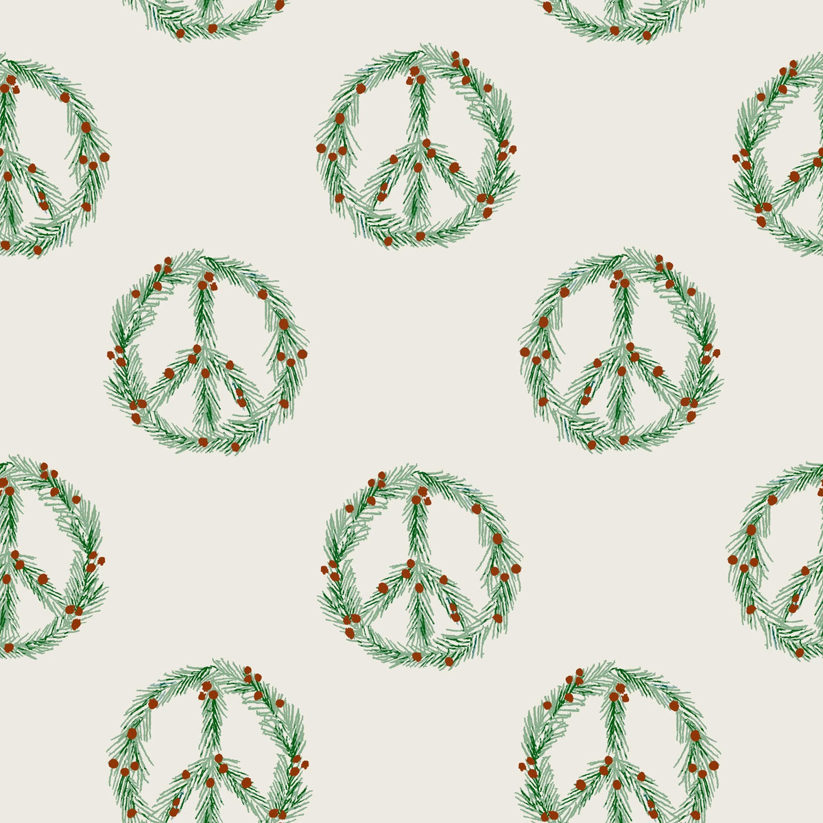 Nature's Fabrics seamless pattern featuring evergreen branch peace signs with red berries.