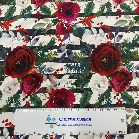 Nature's Fabrics organic cotton fabric with red roses and white flowers on a striped background