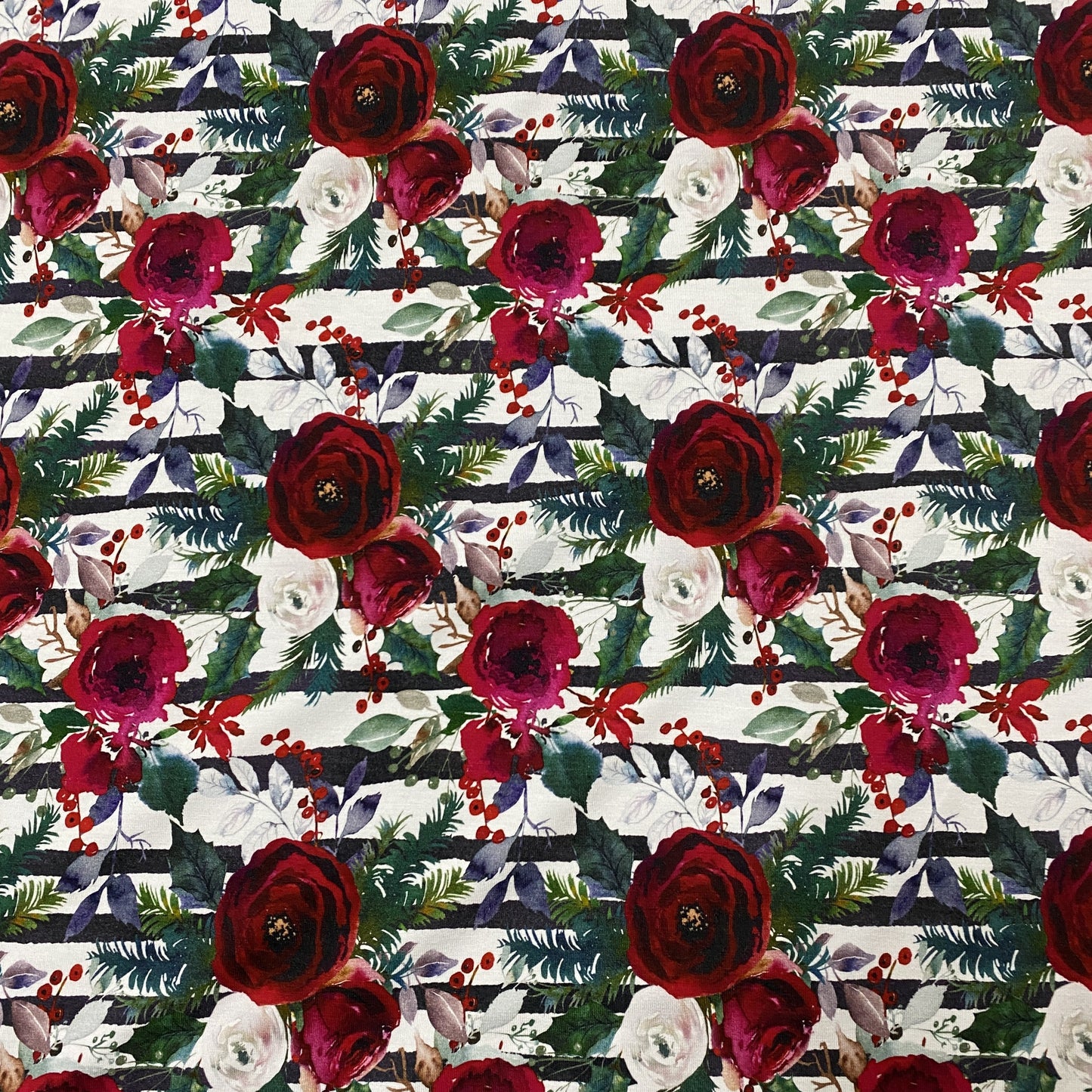 Winter Roses on Striped Bamboo/Spandex Jersey - Nature's Fabrics