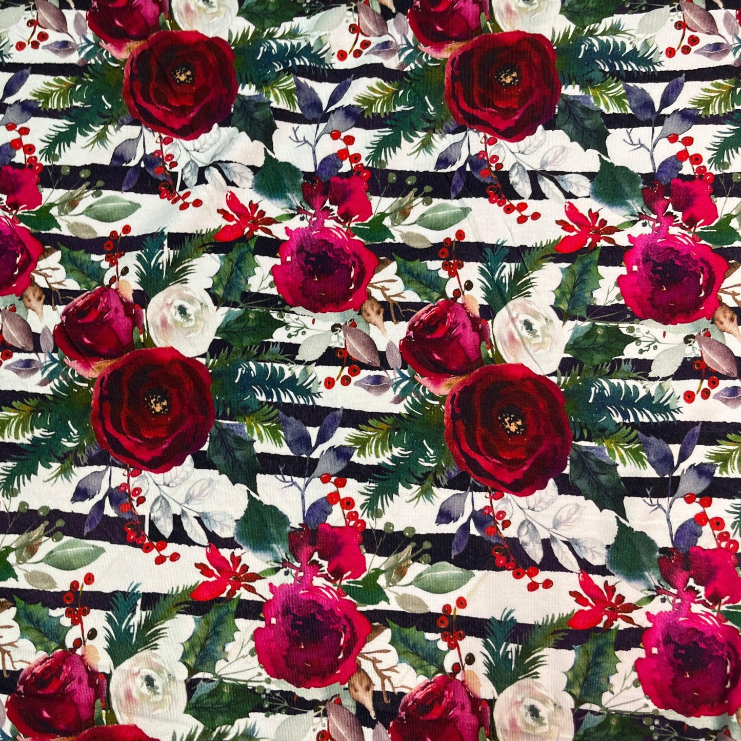 Winter Roses on Striped Bamboo/Spandex Jersey Fabric - Nature's Fabrics