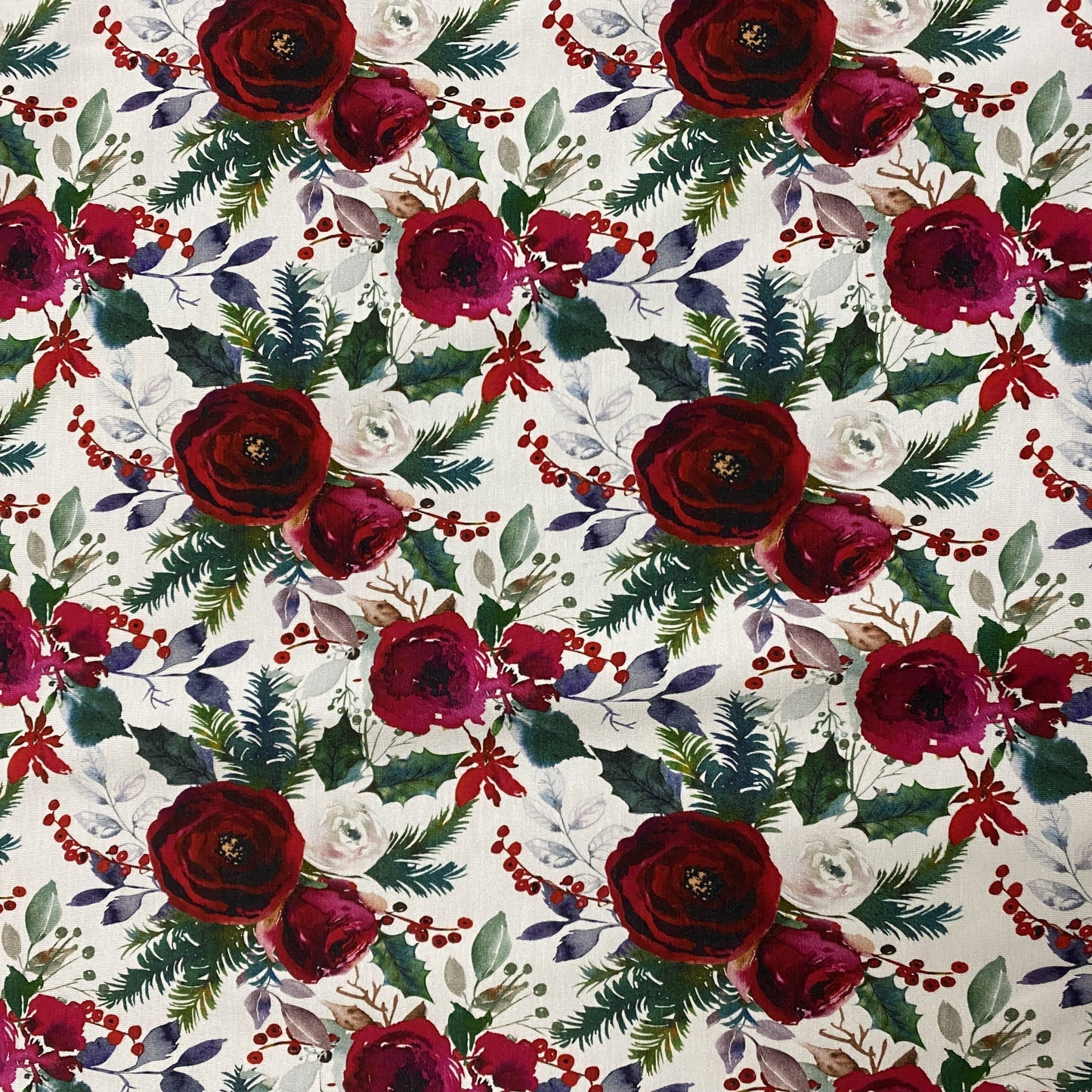 Winter Roses on White Bamboo/Spandex Jersey - Nature's Fabrics
