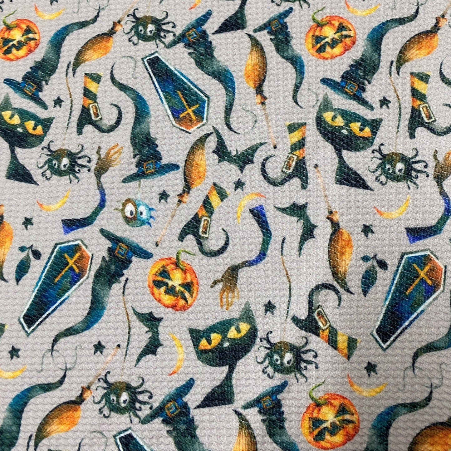 Witch's Fun on Gray Bullet Knit - Nature's Fabrics