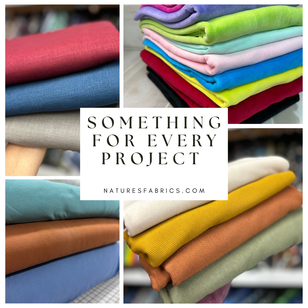 Collage of colorful organic and sustainable fabric stacks for sewing projects