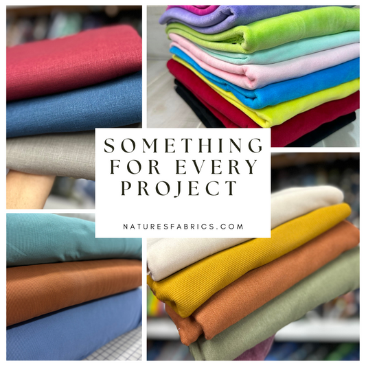 Collage of colorful organic and sustainable fabric stacks for sewing projects