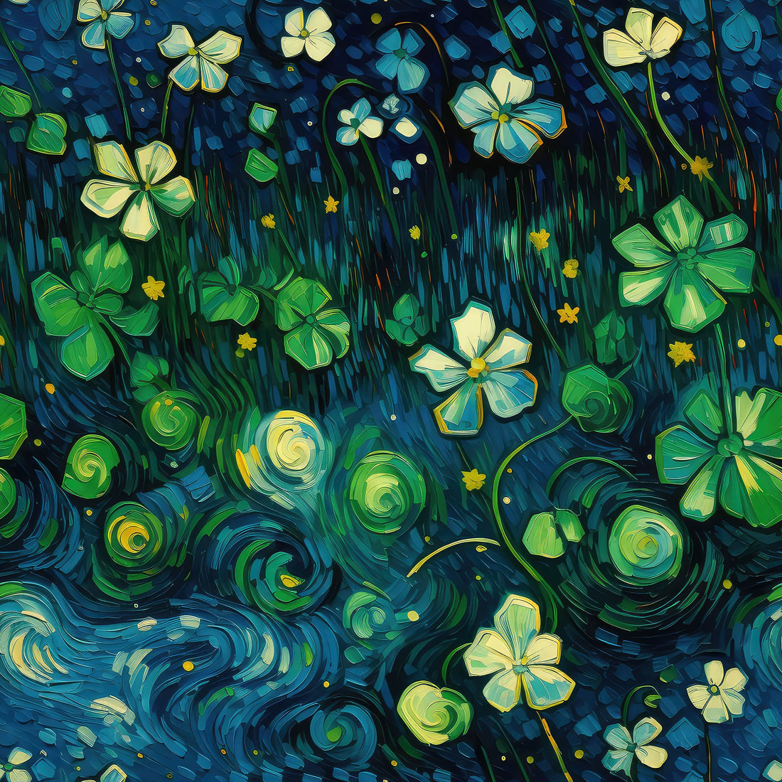 Starry night clover print on bamboo spandex jersey fabric with swirling green and blue patterns