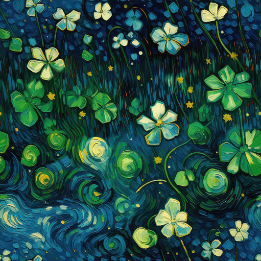 Starry night clover print on bamboo spandex jersey fabric with swirling green and blue patterns