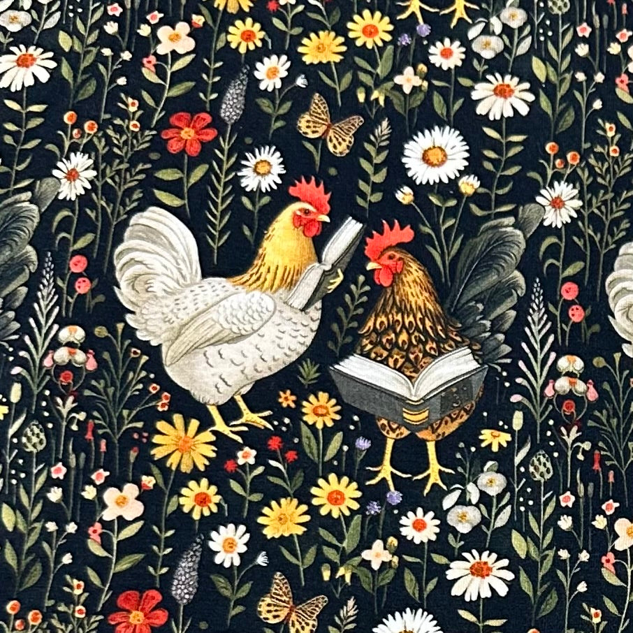 Reading Chickens on Black Floral Bamboo/Spandex Jersey Fabric