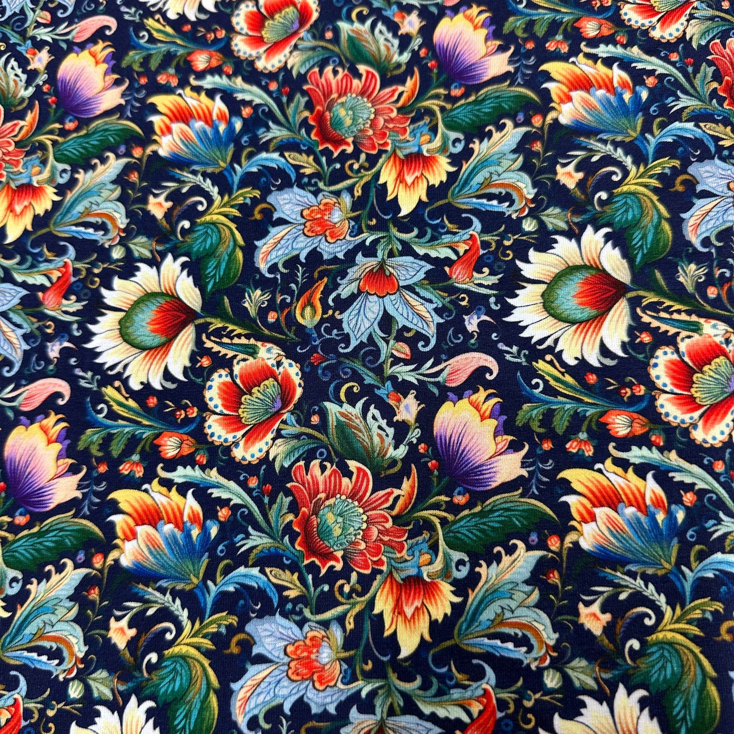 Persian Floral Swirls on Bamboo/Spandex Jersey Fabric