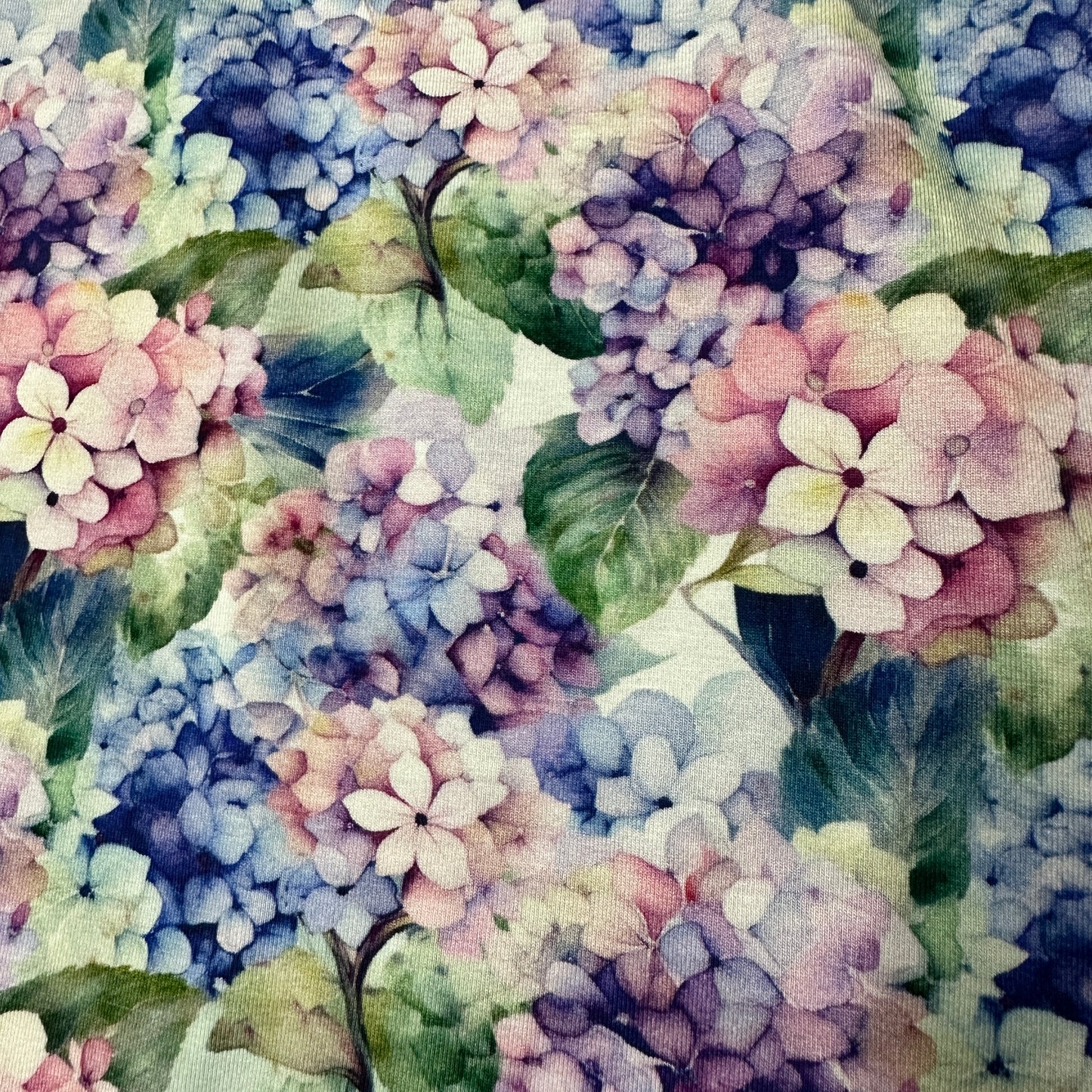 Watercolor Hydrangeas on Bamboo/Spandex Jersey Fabric