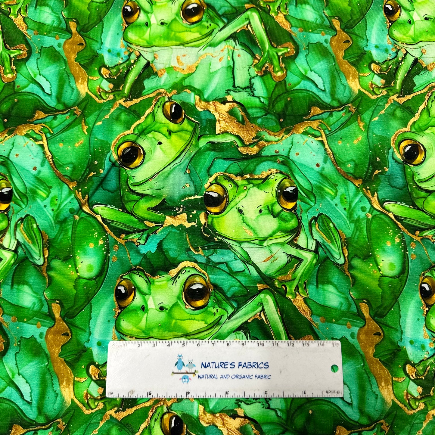 Green Tree Frogs Alcohol Ink on Bamboo Stretch French Terry Fabric