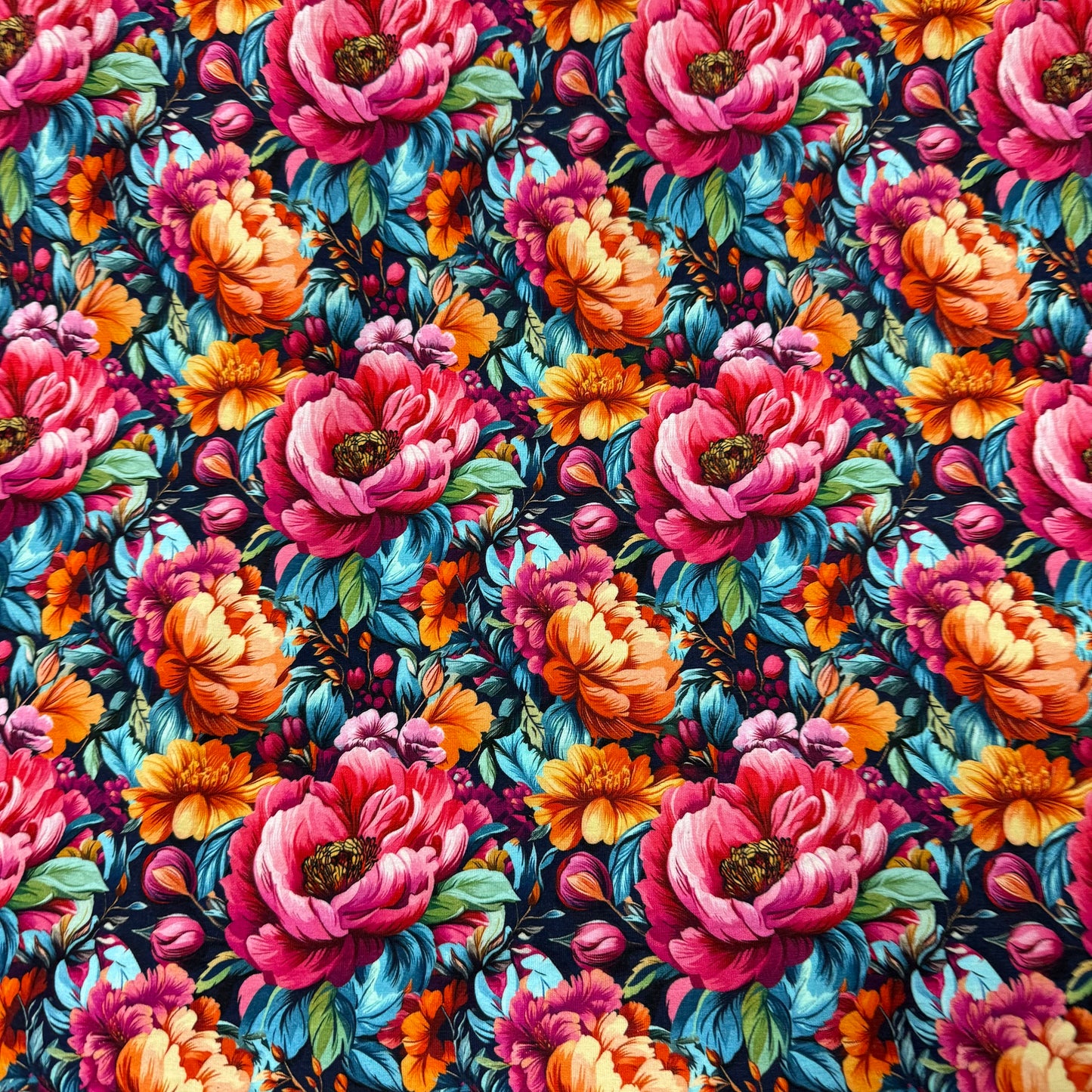 Vibrant Peonies on Bamboo/Spandex Jersey Fabric