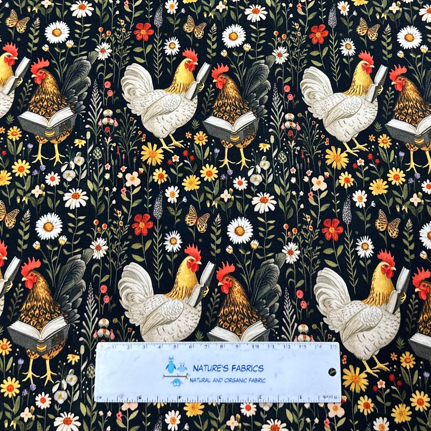 Reading Chickens on Black Floral Bamboo/Spandex Jersey Fabric