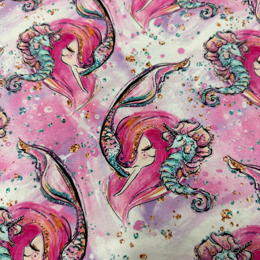 Mermaid and her Seahorse on Cotton/Spandex Jersey Fabric