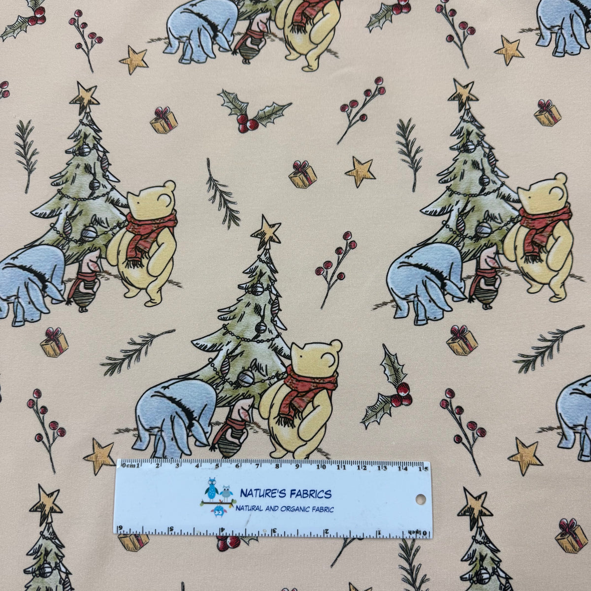 Winnie the Pooh Christmas on Tan Bamboo Stretch French Terry Fabric