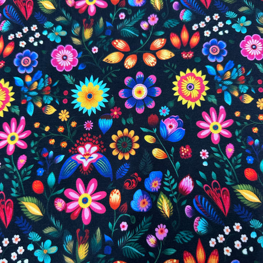 Folk Art Flowers on Bamboo/Spandex Jersey Fabric