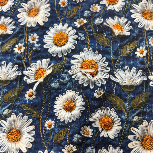 Embroidered Daisy Toss Jeans on Bamboo/Spandex Jersey Fabric