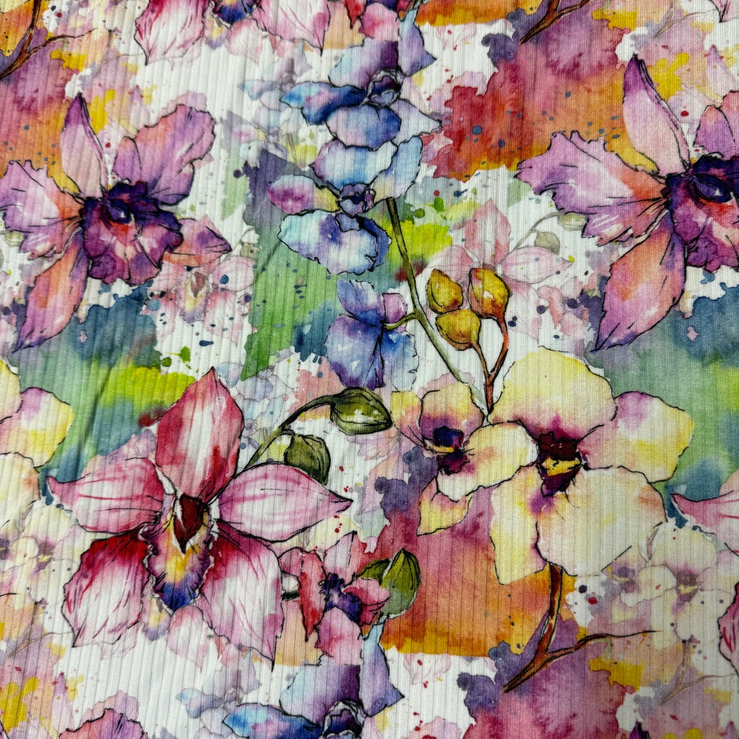 Wild Orchids on Bamboo/Spandex Rib Knit Fabric