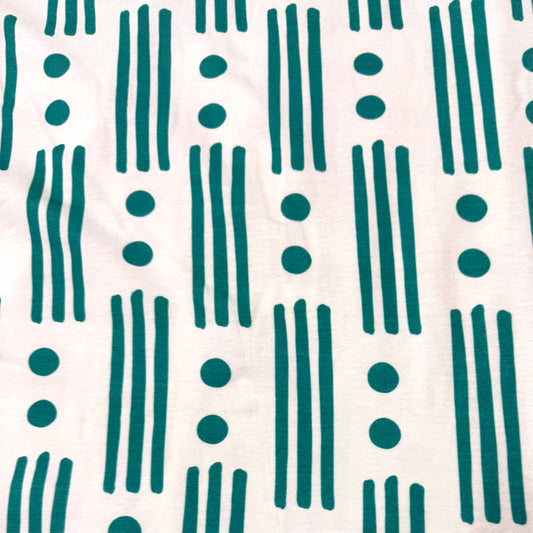 Teal Art Deco on Off White Bamboo/Spandex Jersey Fabric - Printed in the USA