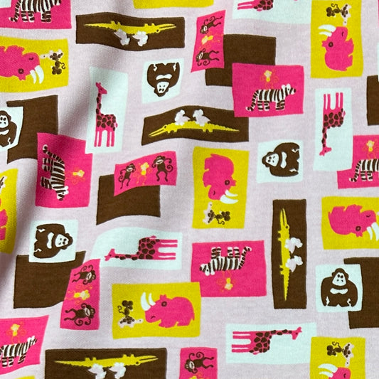 Raspberry Chocolate Zoo on Cotton Interlock Fabric