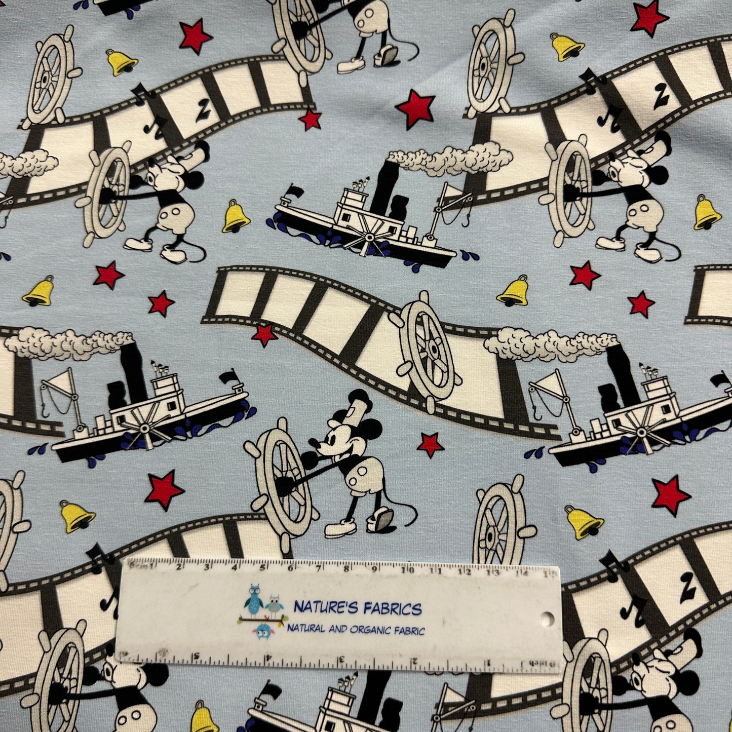 Steamboat Willie on Blue Bamboo/Spandex Jersey Fabric