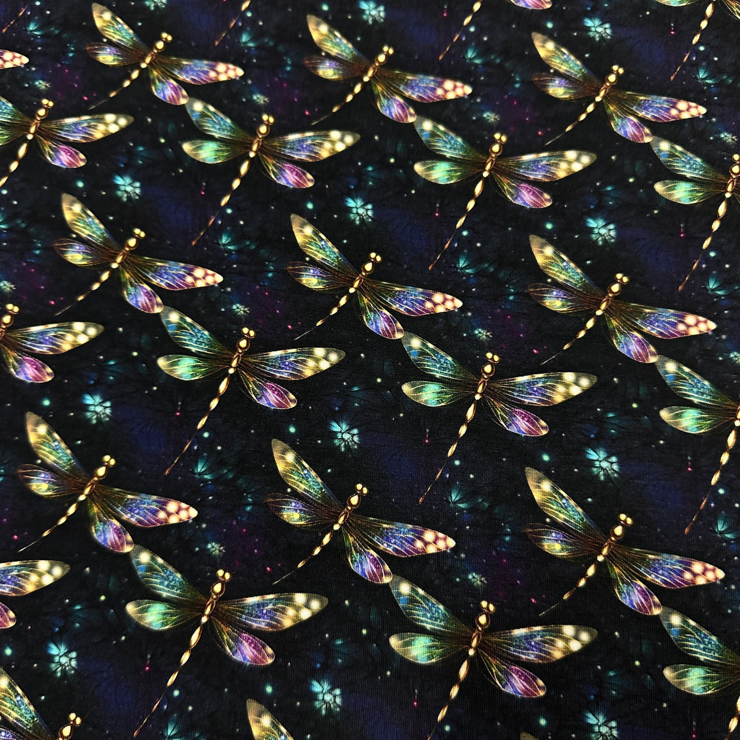 Shimmering Dragonflies on Organic Cotton/Spandex Jersey Fabric