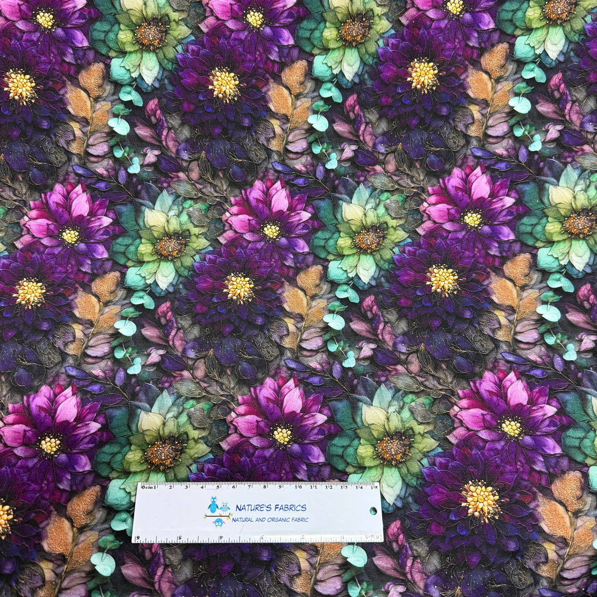 Purple and Green Waterlilies on Bamboo/Spandex Jersey Fabrics