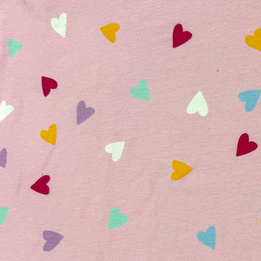 Rainbow Heart Toss on Pink Bamboo/Spandex Jersey Fabric - Printed in the USA