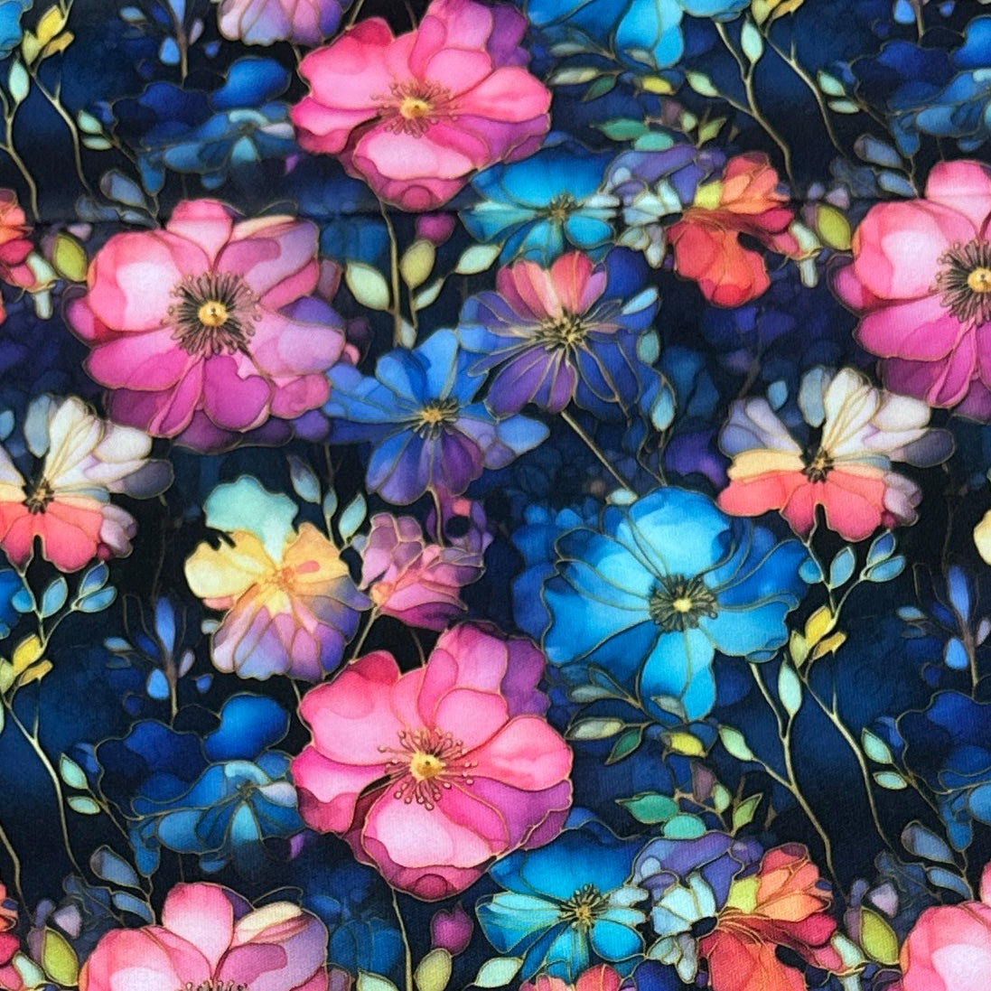 Pink and Blue Wild Roses 1 mil PUL Fabric - Made in the USA