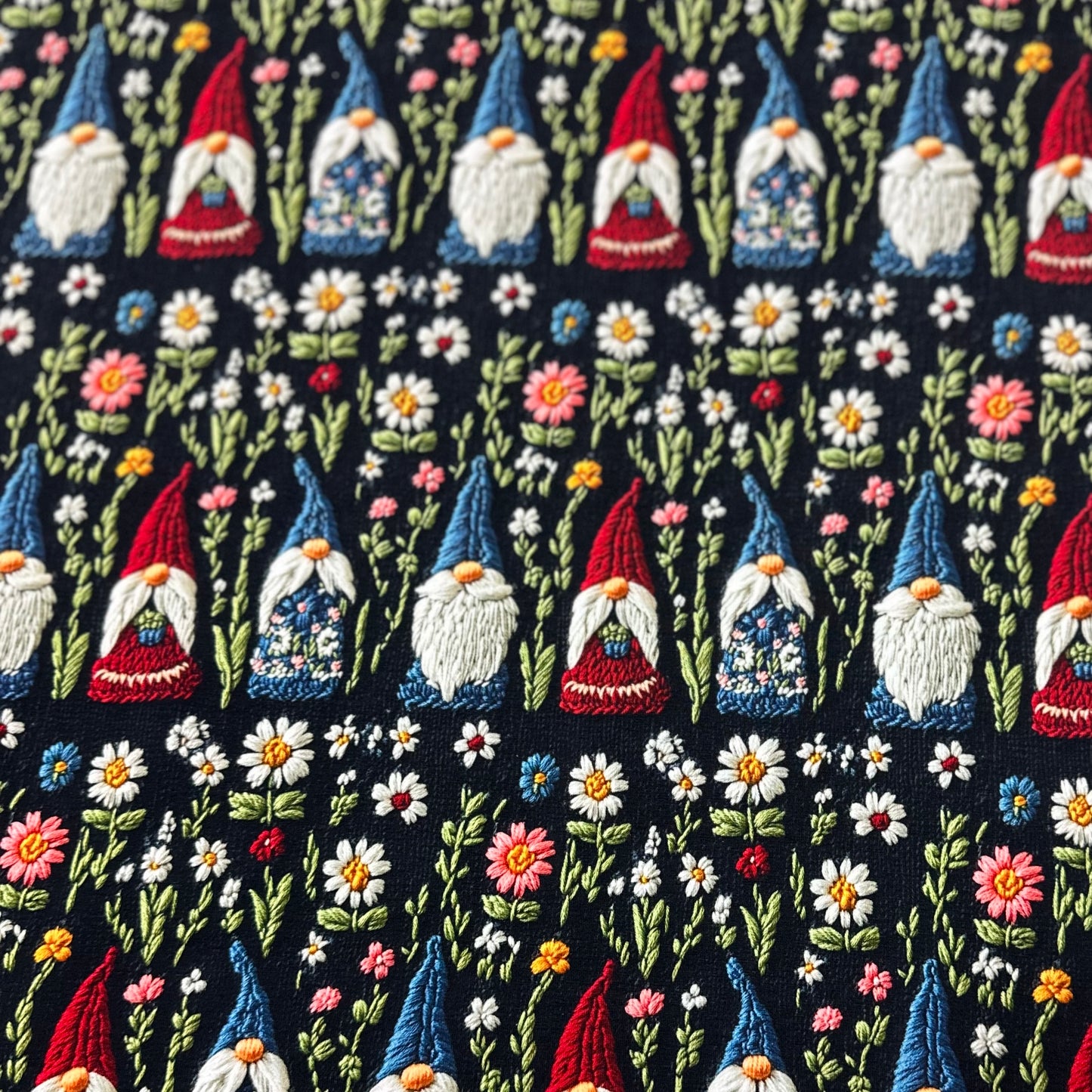 Embroidered Gnomes on Bamboo/Spandex Jersey Fabric