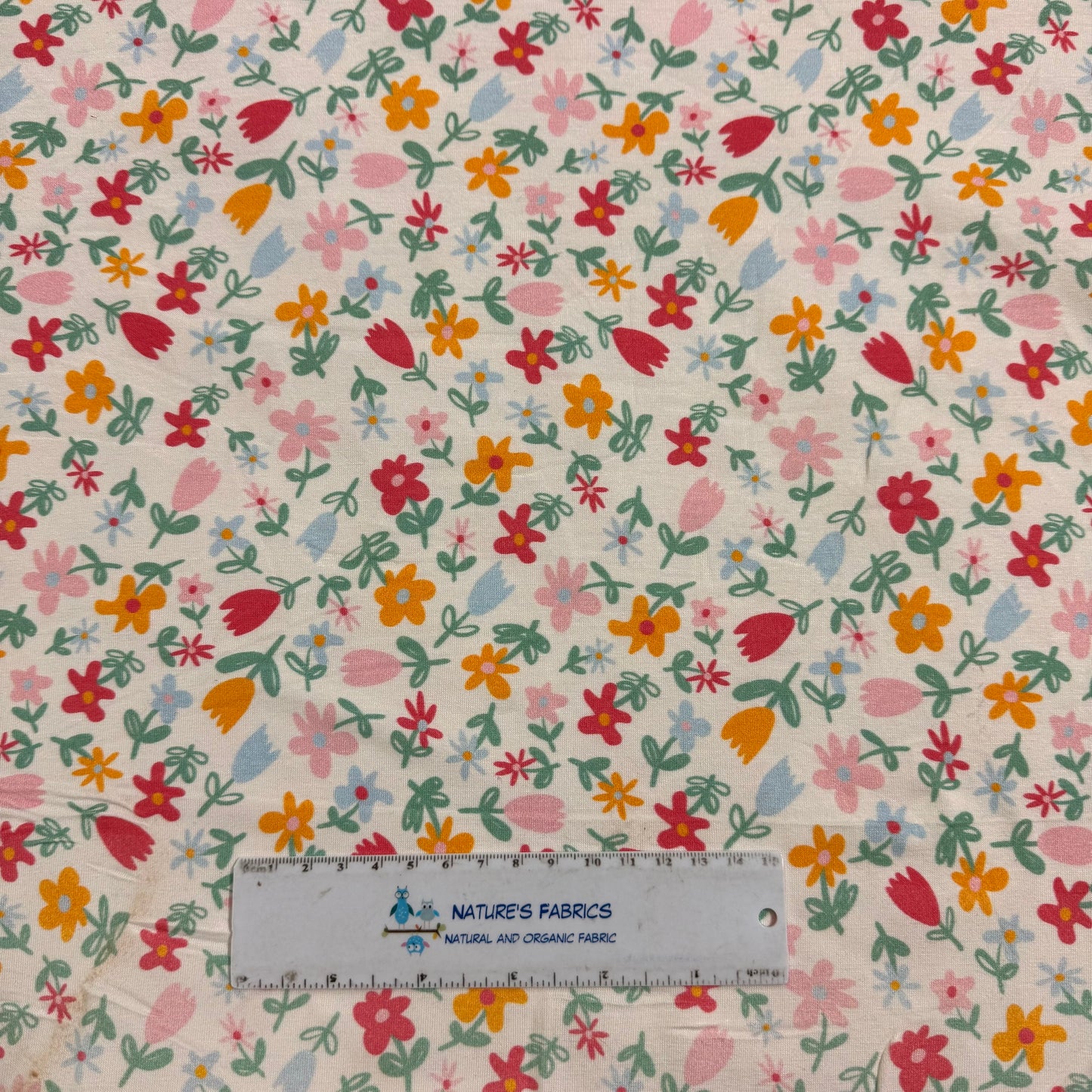 Coral Dainty Flowers on Off White Bamboo/Spandex Jersey Fabric - Printed in the USA