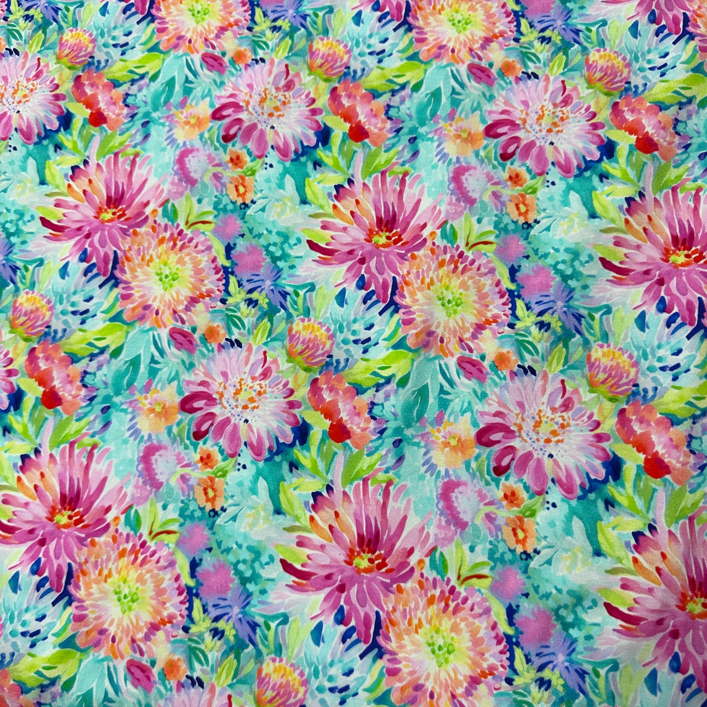 Painted Dahlias on Organic Cotton/Spandex Jersey Fabric