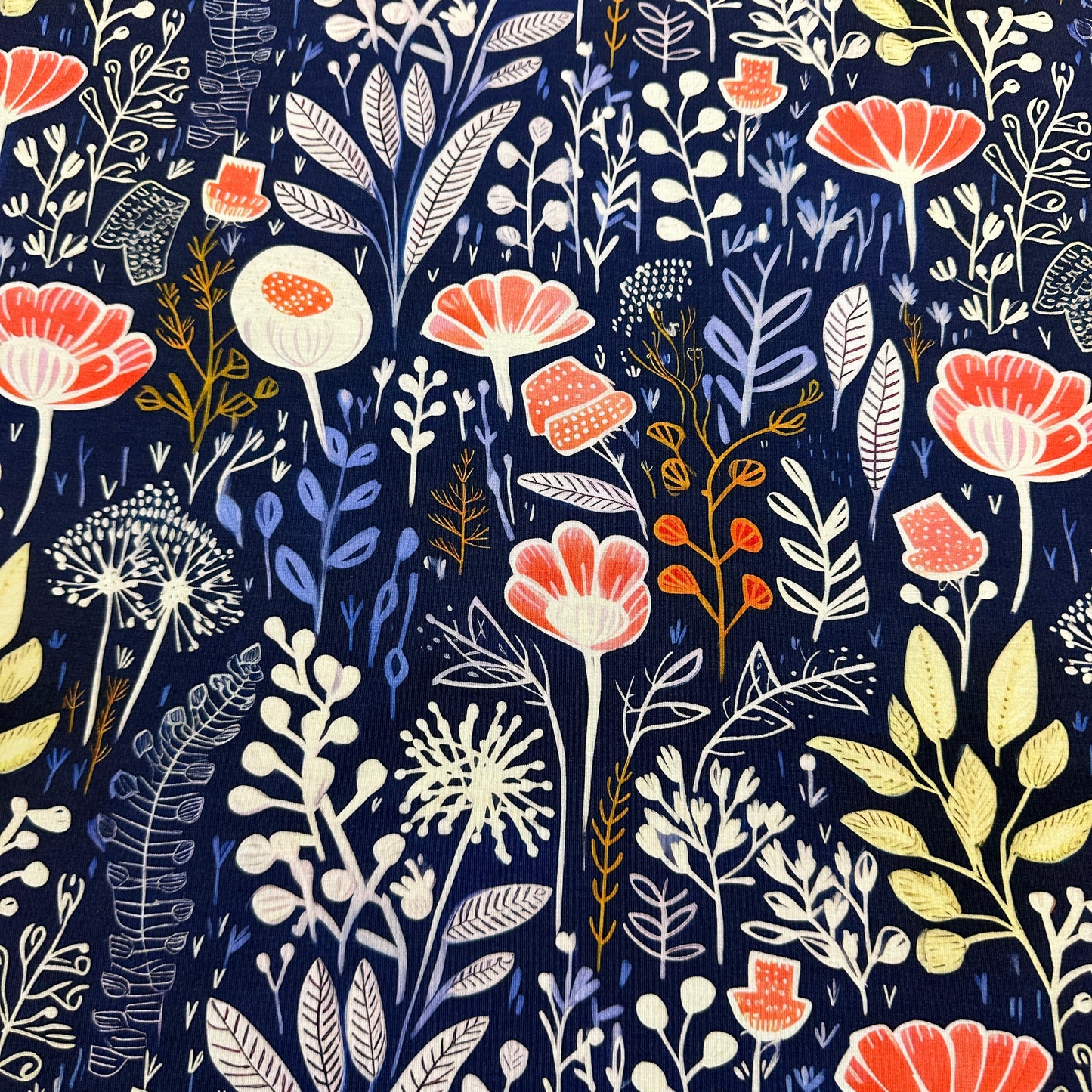 Coral and Navy Floral on Bamboo/Spandex Jersey Fabric
