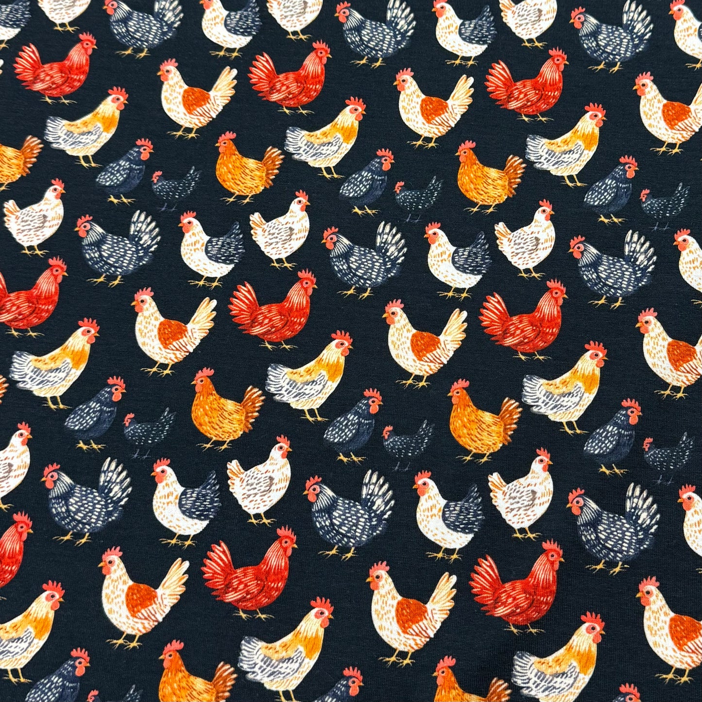 Chickens on Black Organic Cotton/Spandex Jersey Fabric