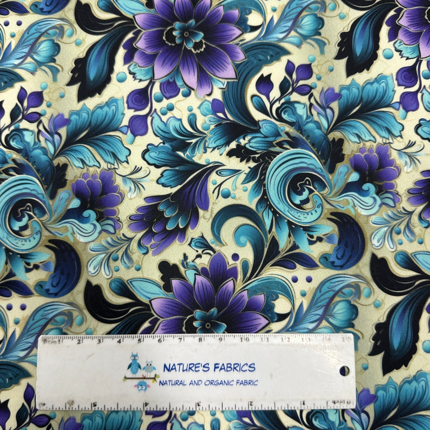 Purple and Aqua Floral on Cream 1 mil PUL Fabric - Made in the USA