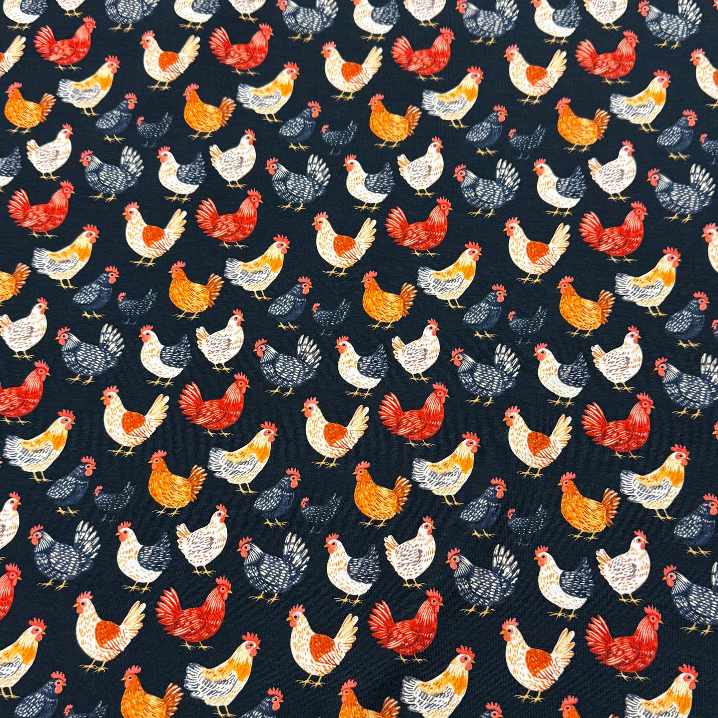 Chickens on Black Organic Cotton/Spandex Jersey Fabric