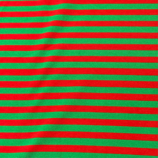 Red and Green 1/4" Stripes on Cotton/Spandex Jersey Fabric