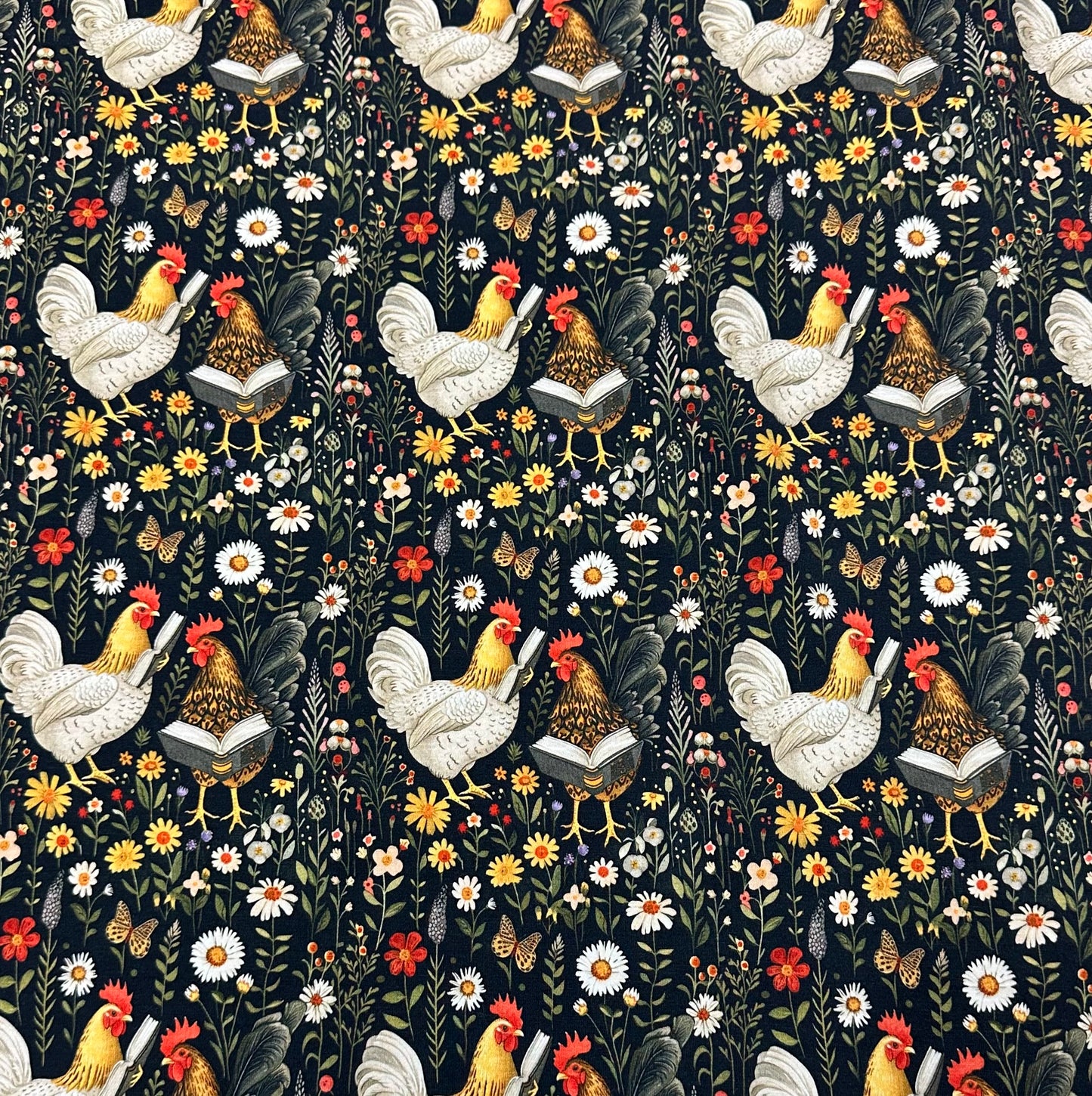 Reading Chickens on Black Floral Bamboo/Spandex Jersey Fabric