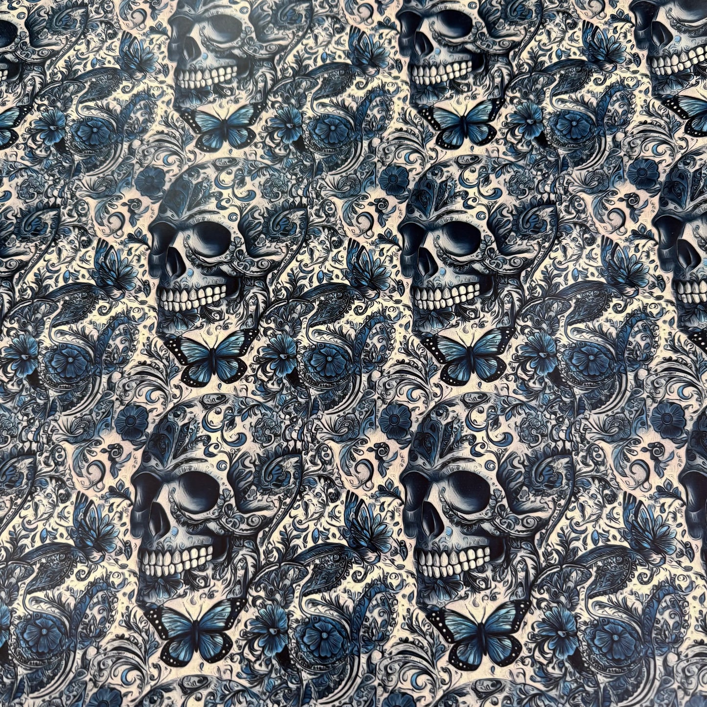 Blue Floral Skulls on Smooth Vinyl Fabric