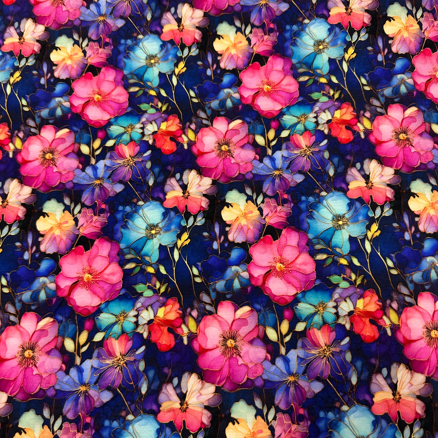 Pink and Blue Wild Roses on Bamboo/Spandex Jersey Fabric