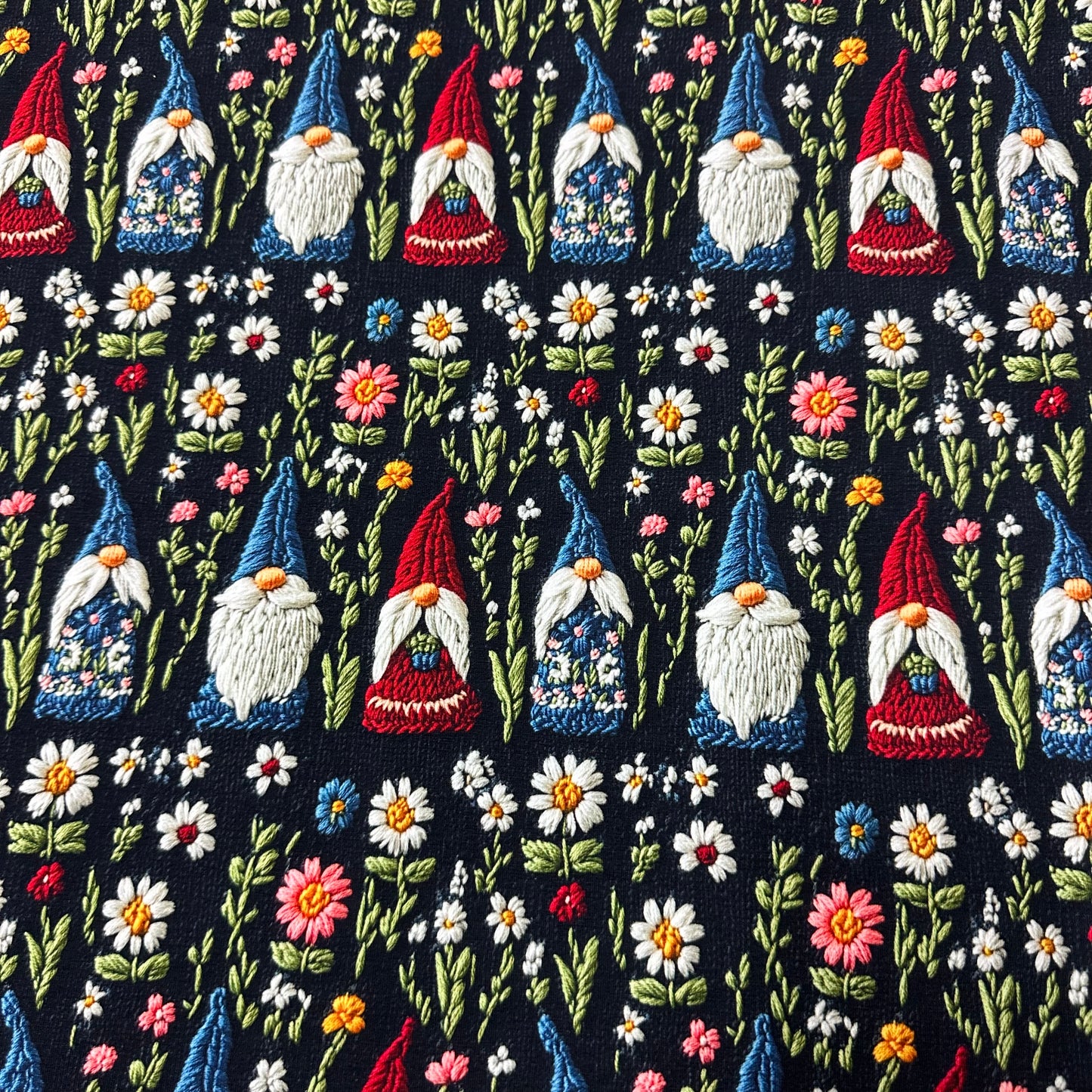 Embroidered Gnomes on Bamboo/Spandex Jersey Fabric