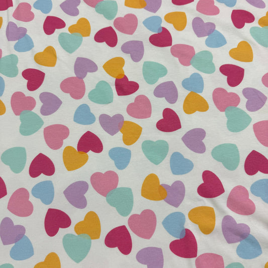 Pastel Heart Toss on Off White Bamboo/Spandex Jersey Fabric - Printed in the USA