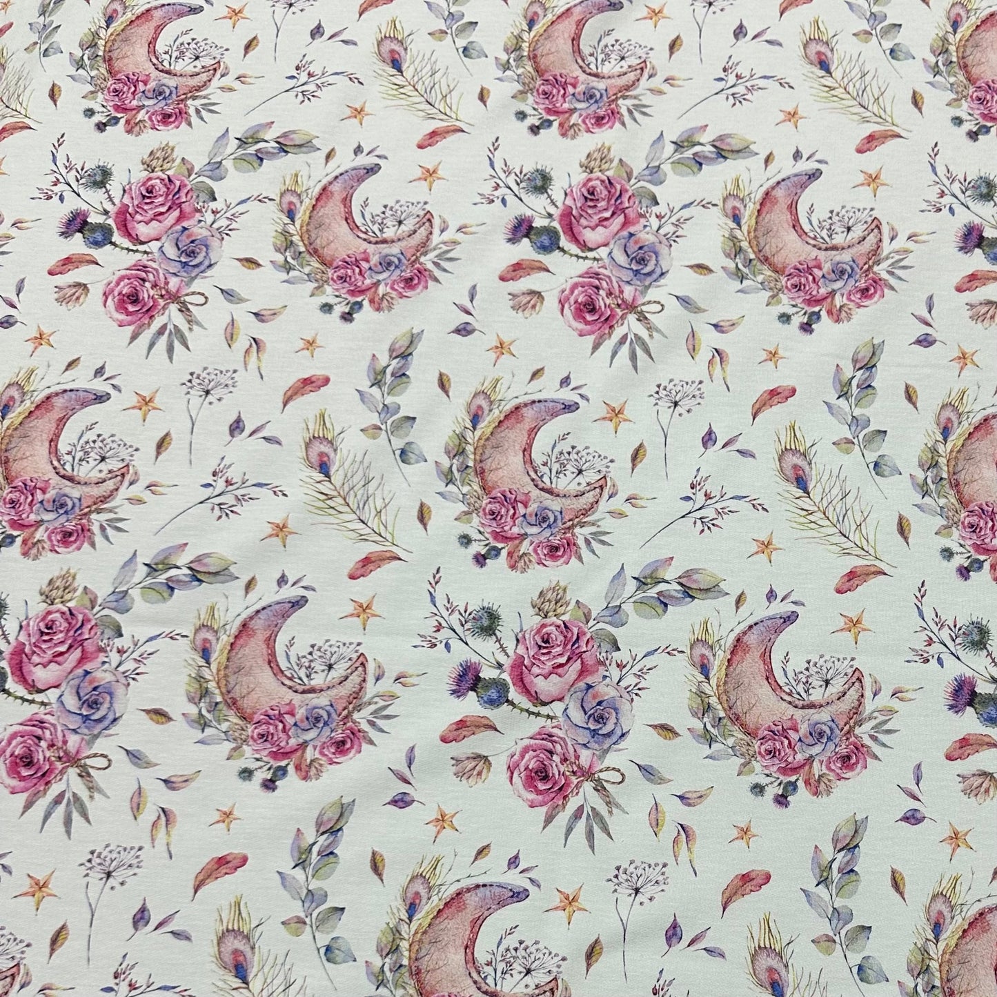 Floral Moons on White Bamboo/Spandex Jersey Fabric