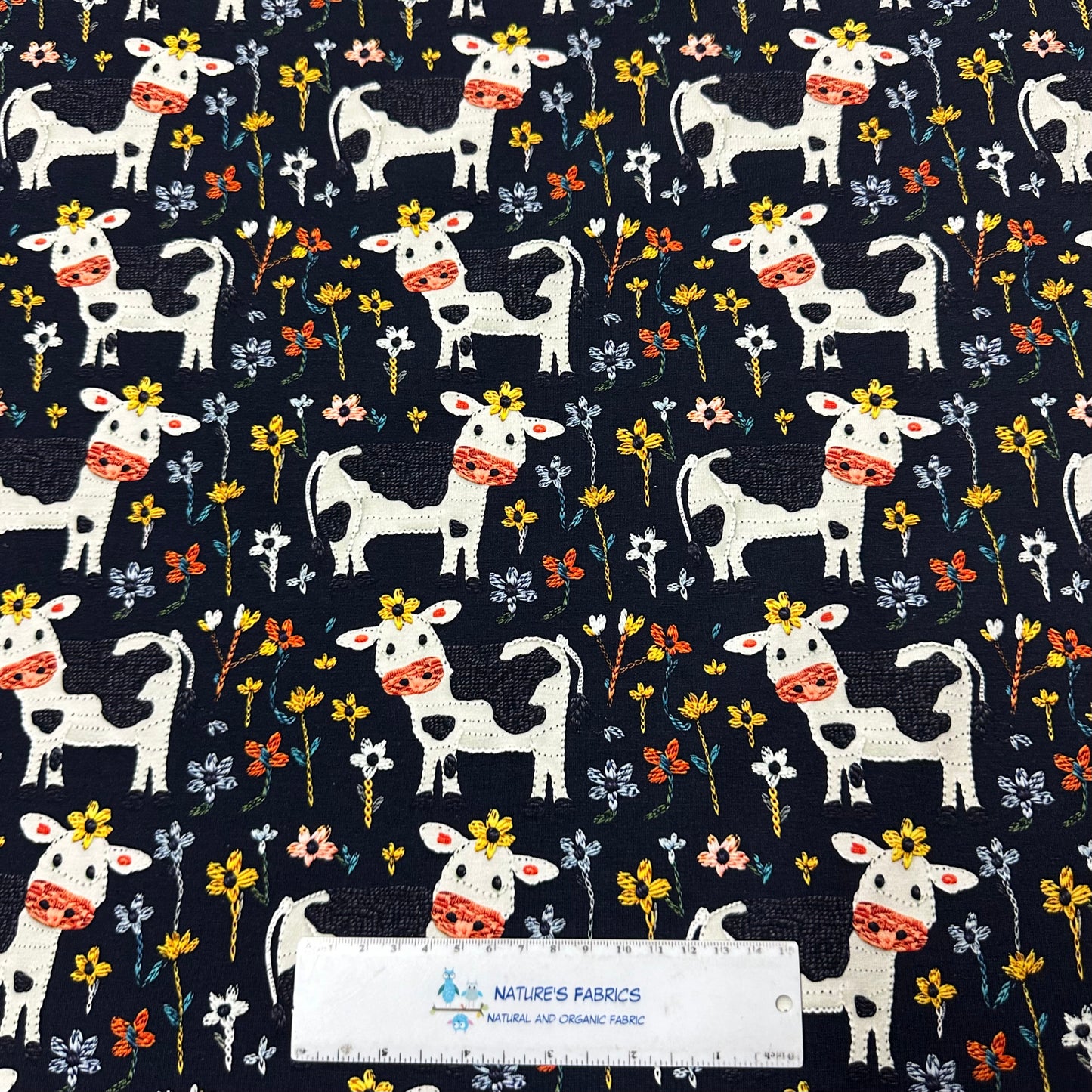 Appliqued Cows on Organic Cotton/Spandex Jersey Fabric