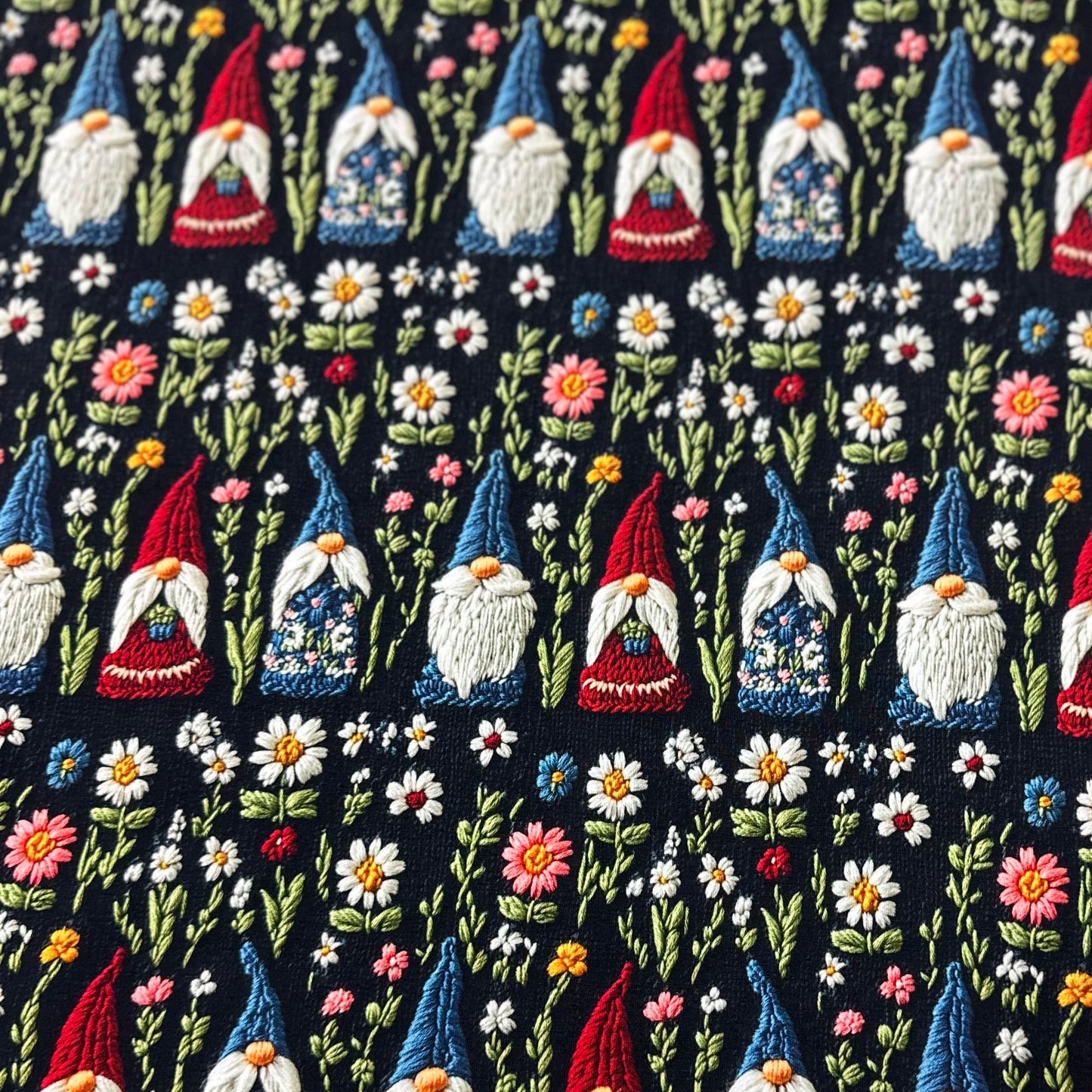 Embroidered Gnomes on Organic Cotton/Spandex Jersey Fabric