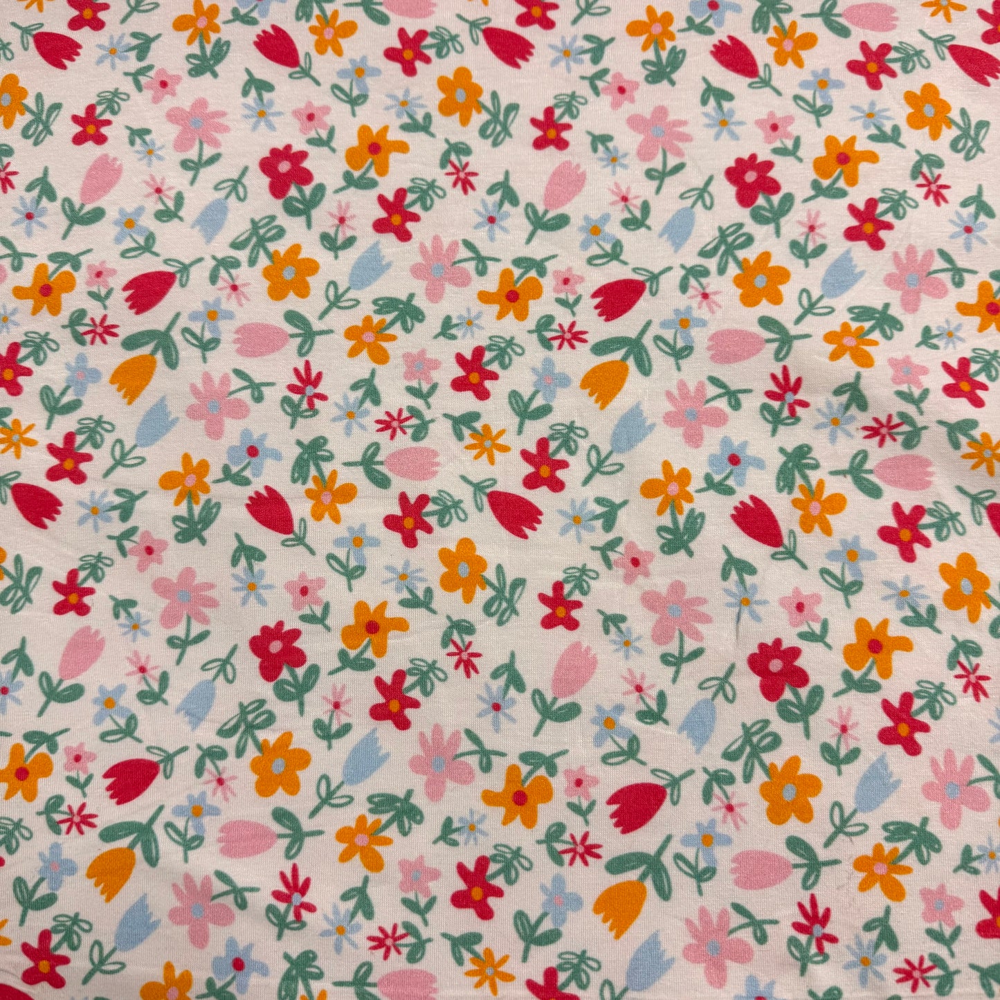 Coral Dainty Flowers on Off White Bamboo/Spandex Jersey Fabric - Printed in the USA