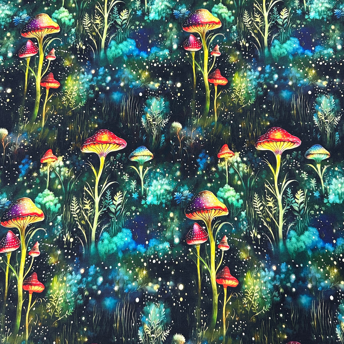 Mystical Mushrooms on Bamboo/Spandex Jersey Fabric