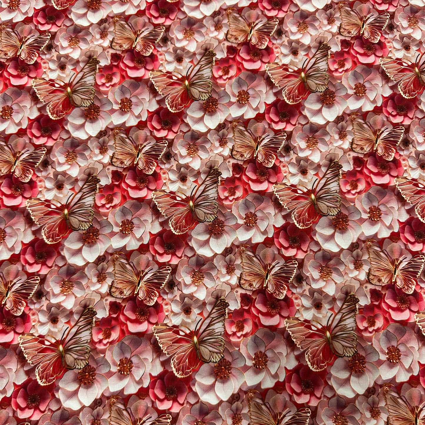 Golden Butterflies and Flowers on Bamboo/Spandex Jersey Fabric