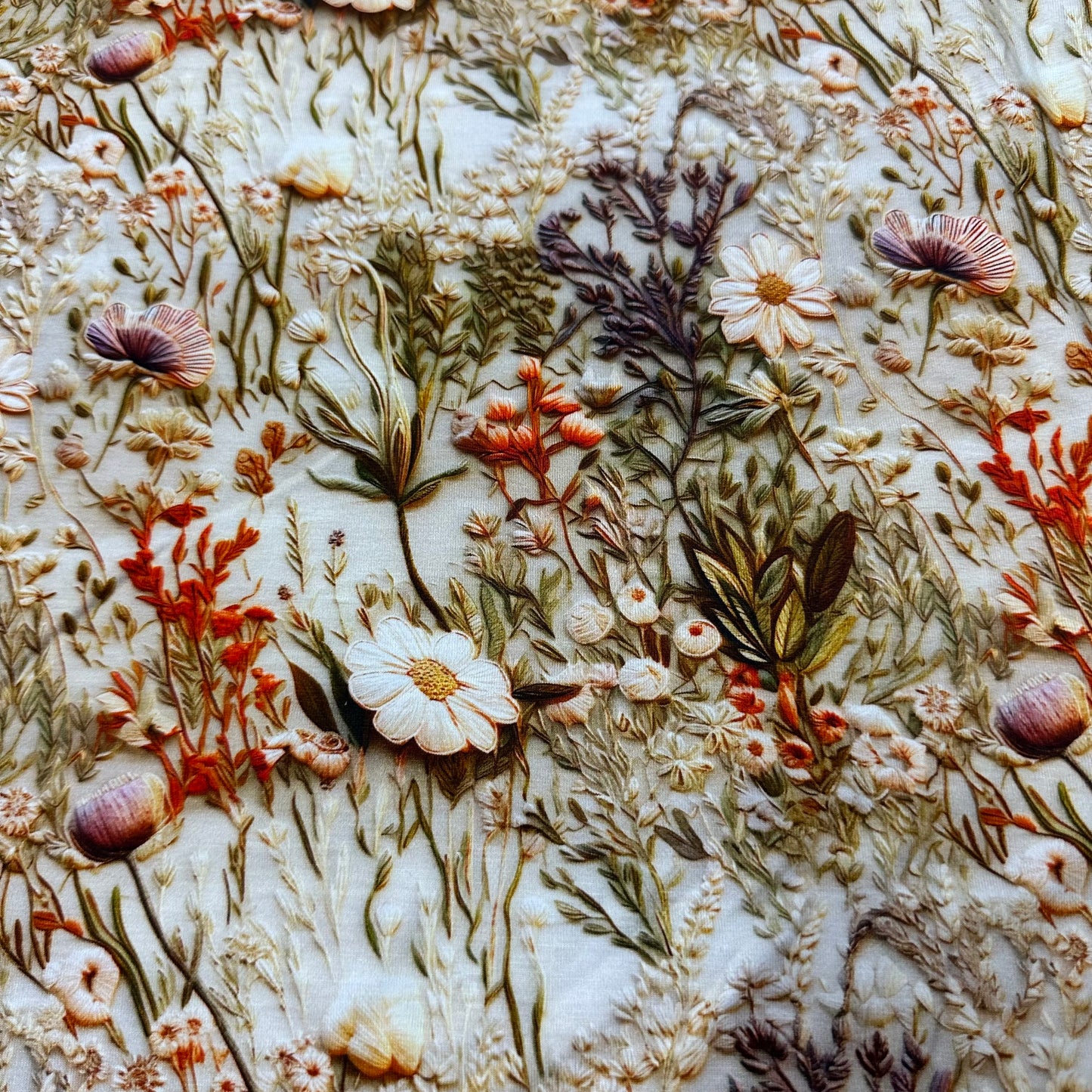 Embroidered Antique Flowers on Bamboo/Spandex Jersey Fabric